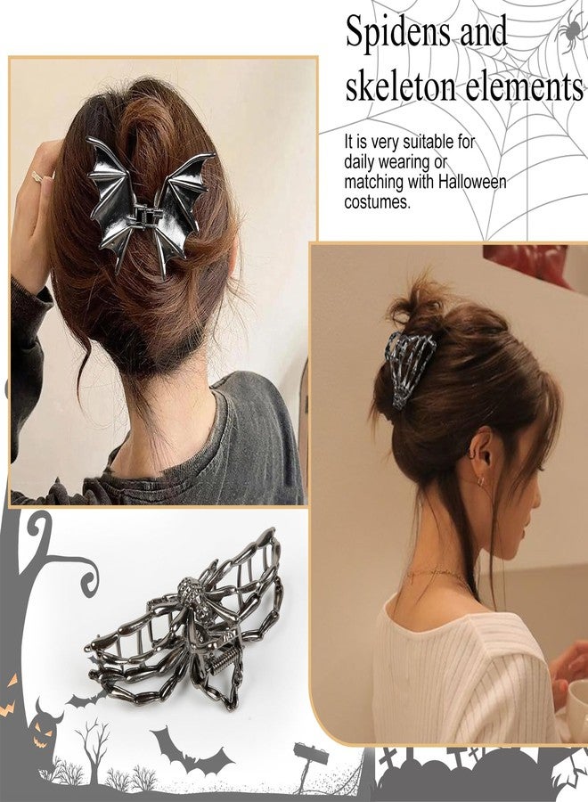 TEBIEKOY 4PCS Gothic Spider Hair Clips Black Web Bat Skeleton Hand Skull Claw Clips for Women,Large Medium Size for Thick Thin Hair,Hiphop Metal Hair Accessories for Halloween Decor Party Gift - Image 3